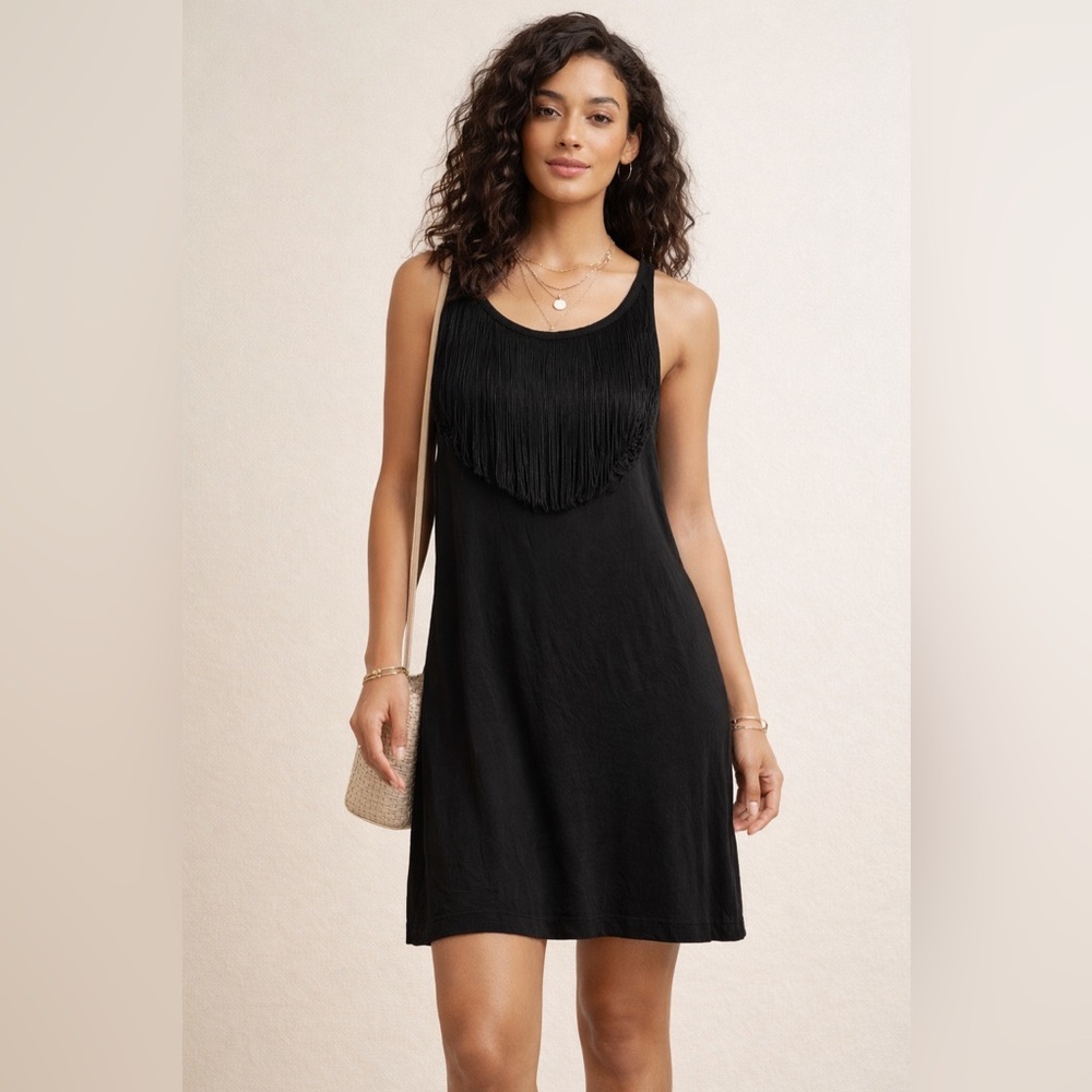 Ronson Black Fringe Tank Dress Size Small Boho Sleeveless Mini Dress